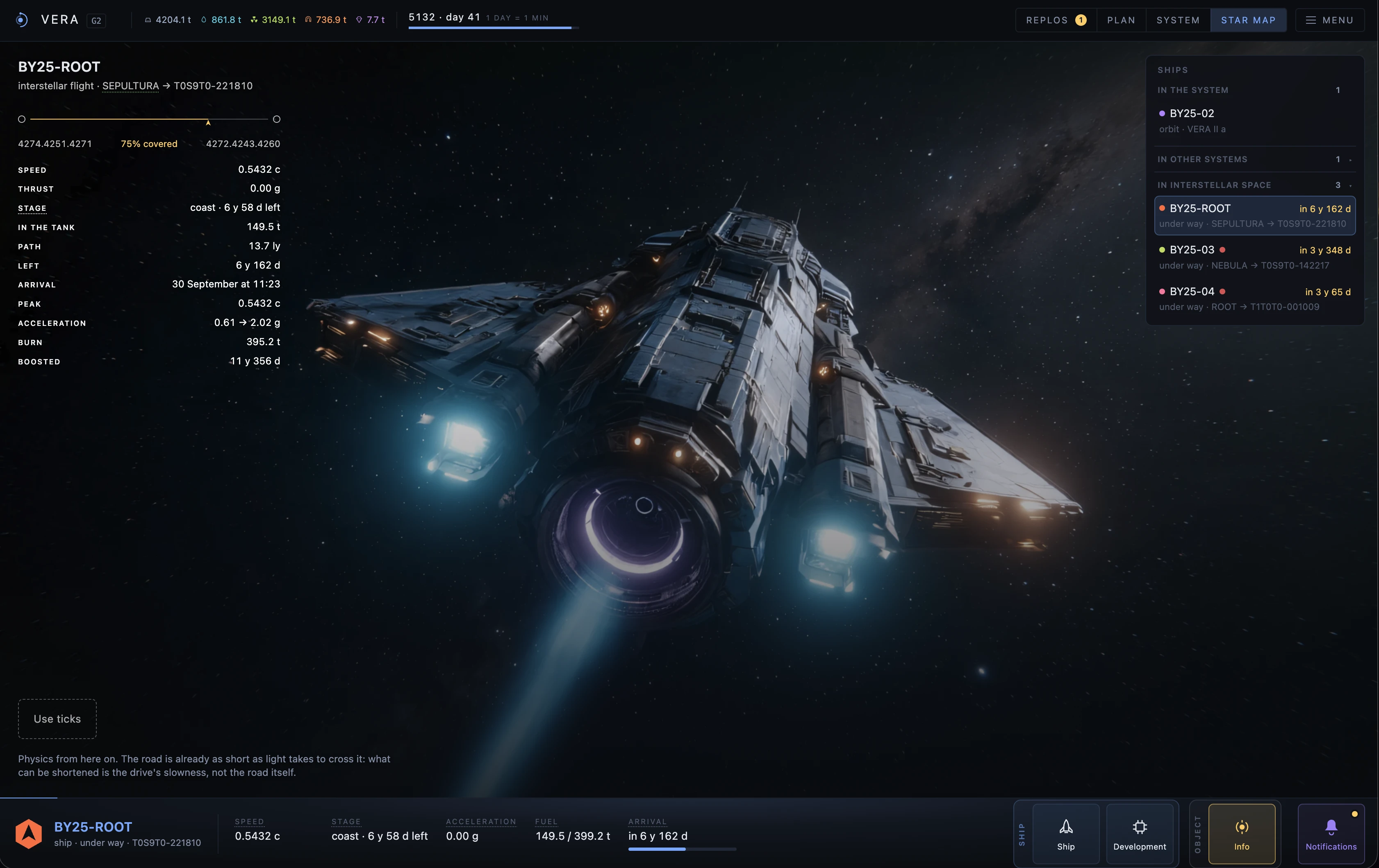 The in-game interstellar flight screen: a ship coasting with its engine off, speed 0.3741 c, 1 year 169 days to arrival.
