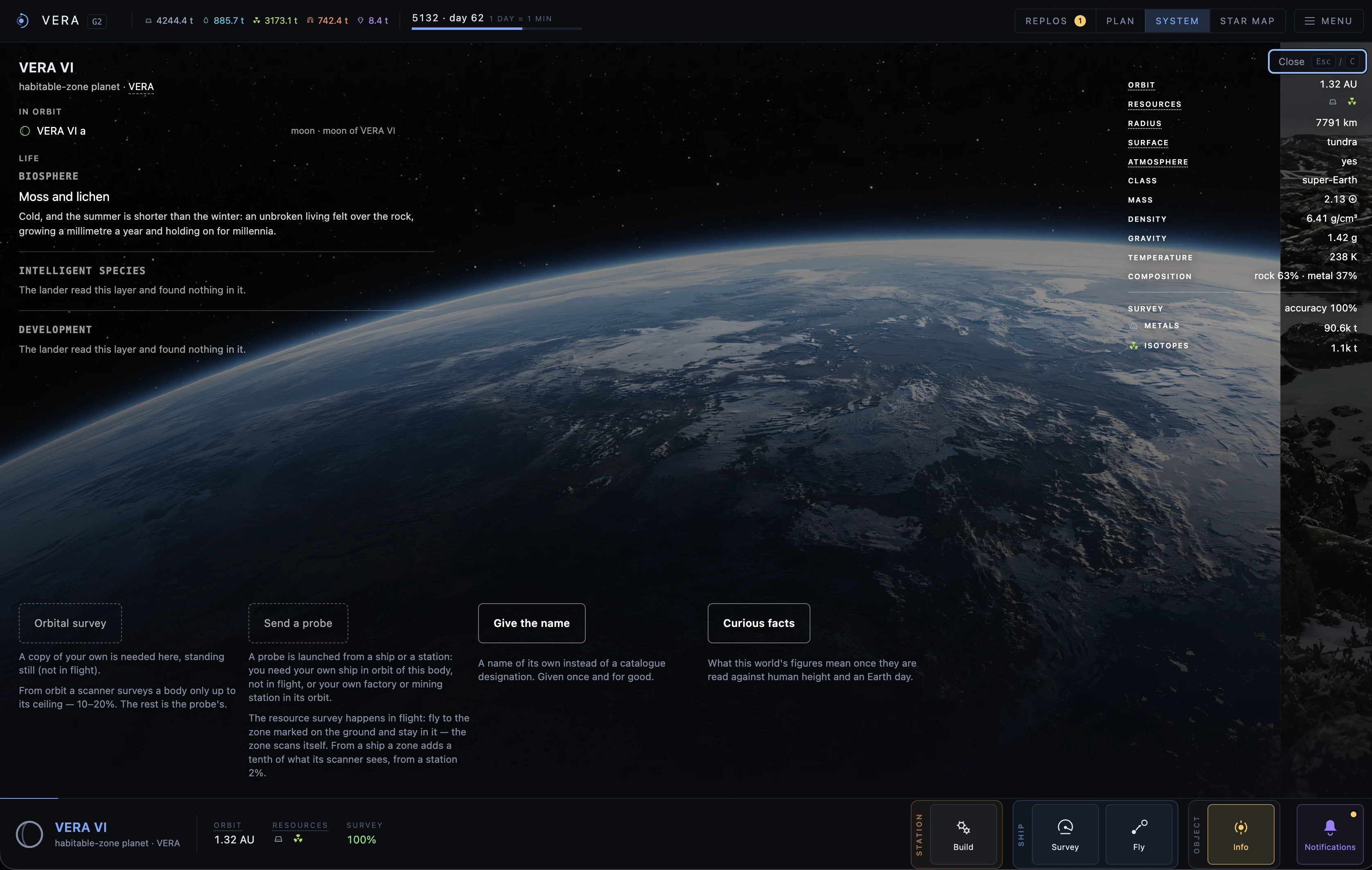 The in-game planet card: a habitable-zone world, on the left its biosphere of grass plains, its agrarian rung of development and its intelligent species, on the right orbit, radius, mass, gravity and composition.
