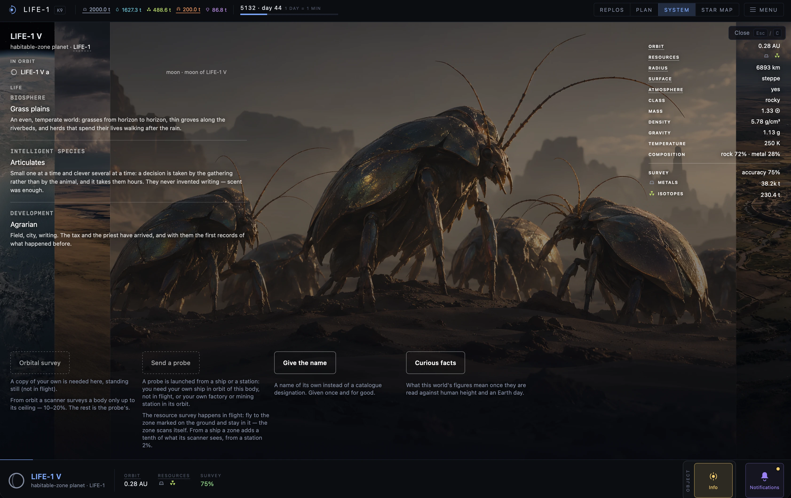 The in-game planet card: a steppe world with a grass-plains biosphere, an agrarian rung of development and an intelligent species of articulates