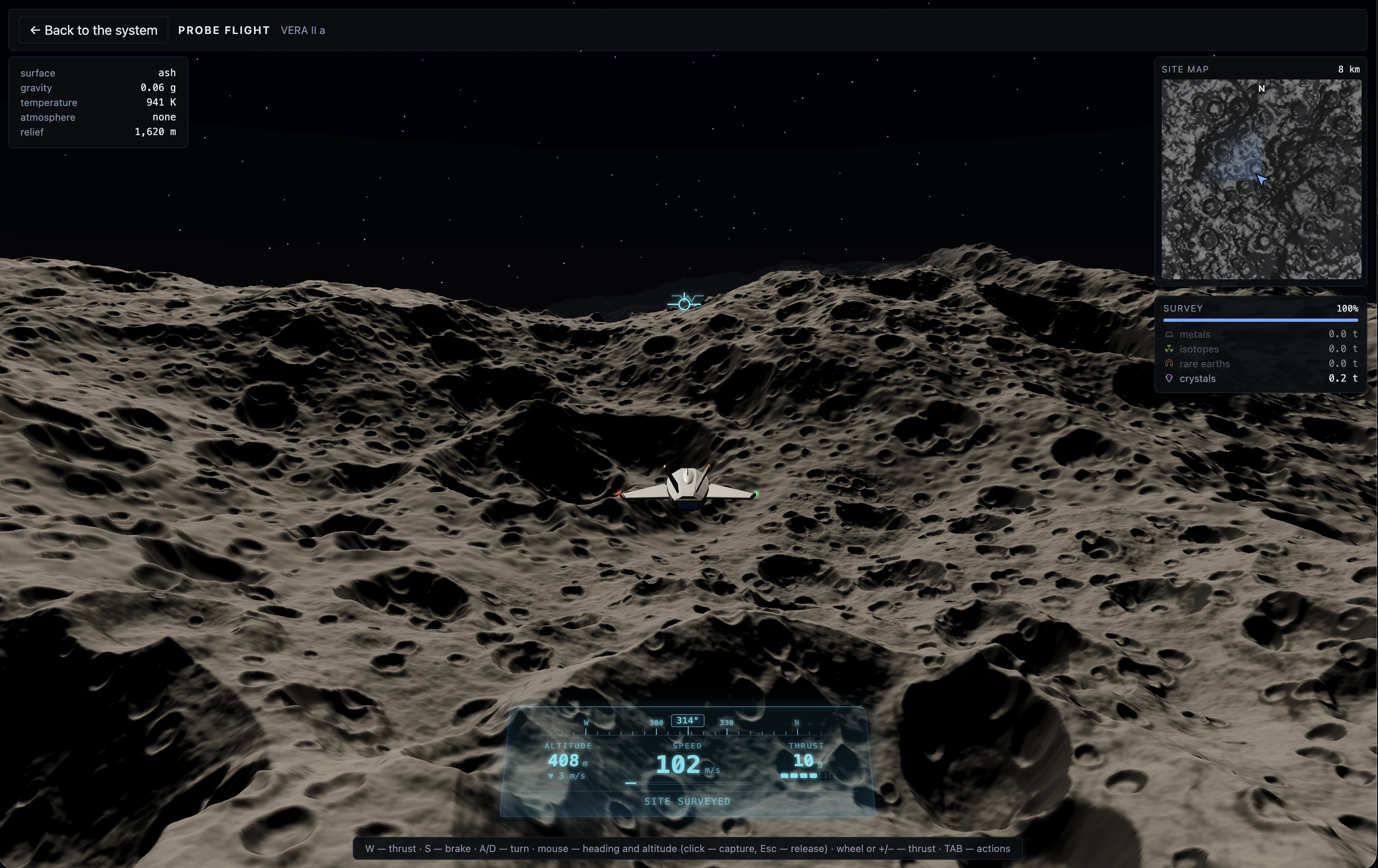 An in-game probe flight: the probe low over the cratered surface of an airless moon under a black, starry sky, the instruments reading altitude 408 m and speed 102 m/s, the site fully surveyed.
