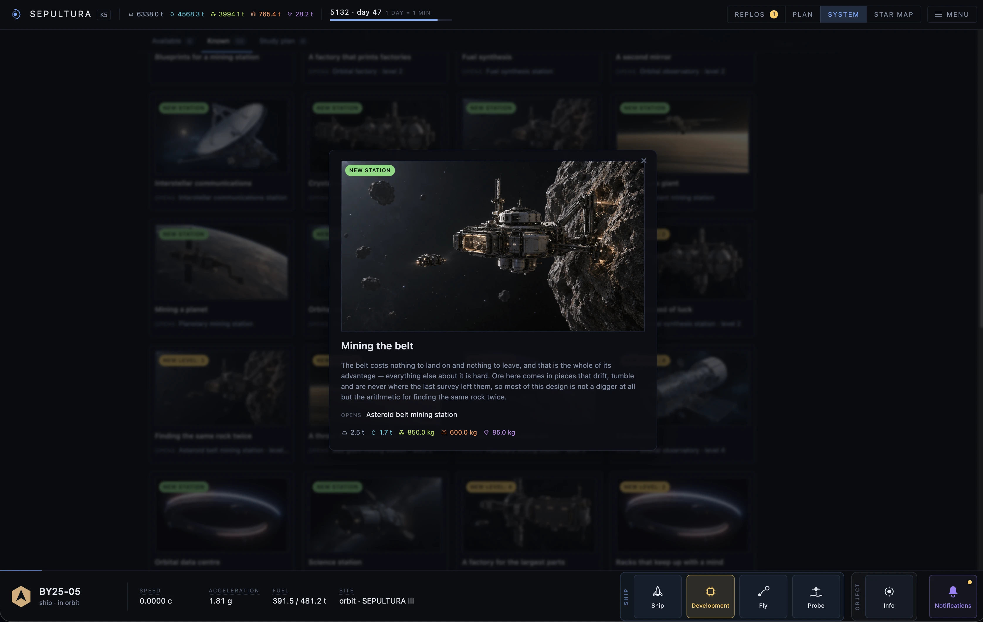 The in-game development screen: cards of research nodes, with the «Science station» node opened over them, its description and its price in the five materials.