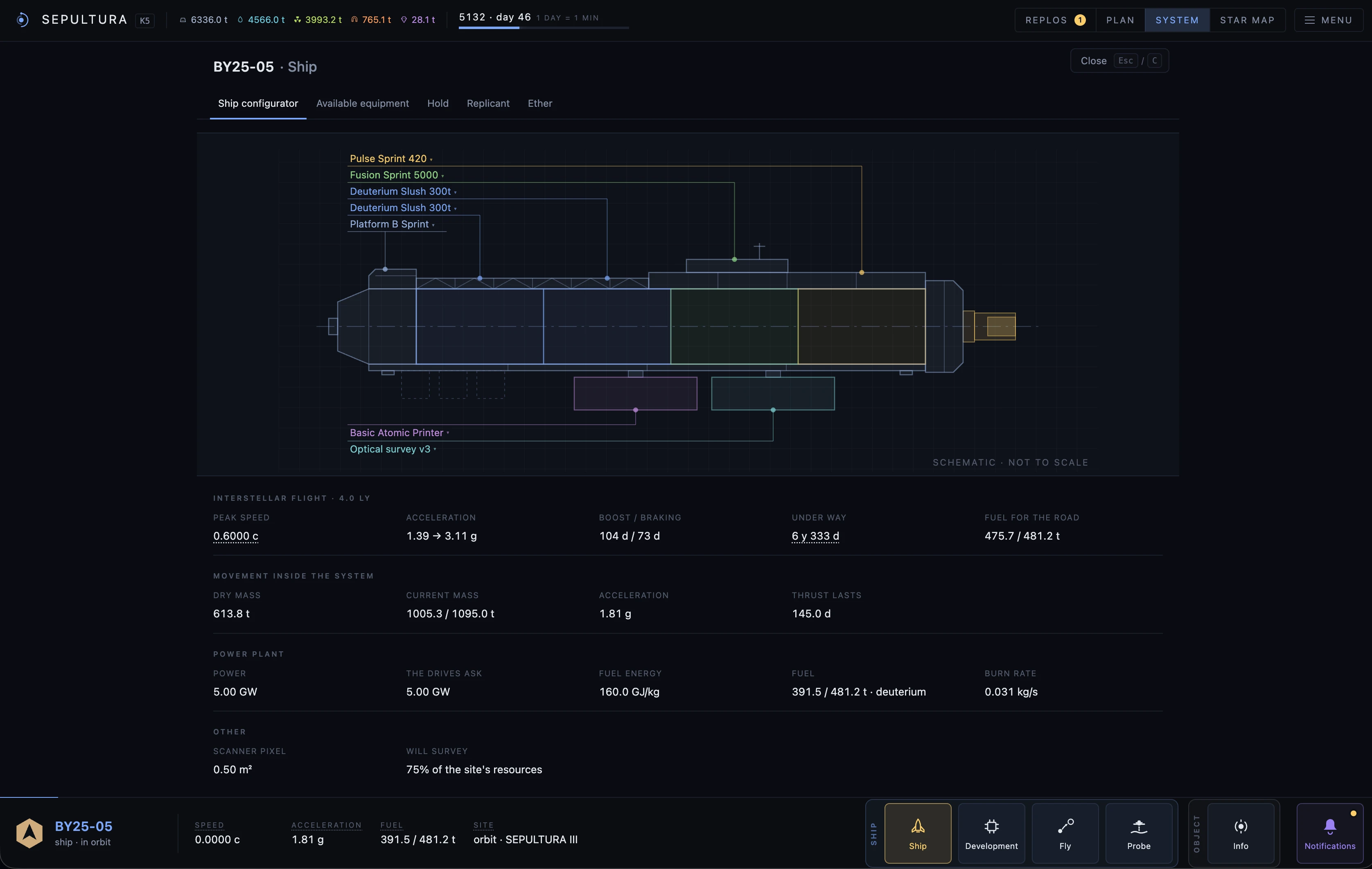 The in-game ship screen: a schematic of the hull with the drive, reactor, platform and printer labelled, and below it the recomputed mass, thrust and fuel.