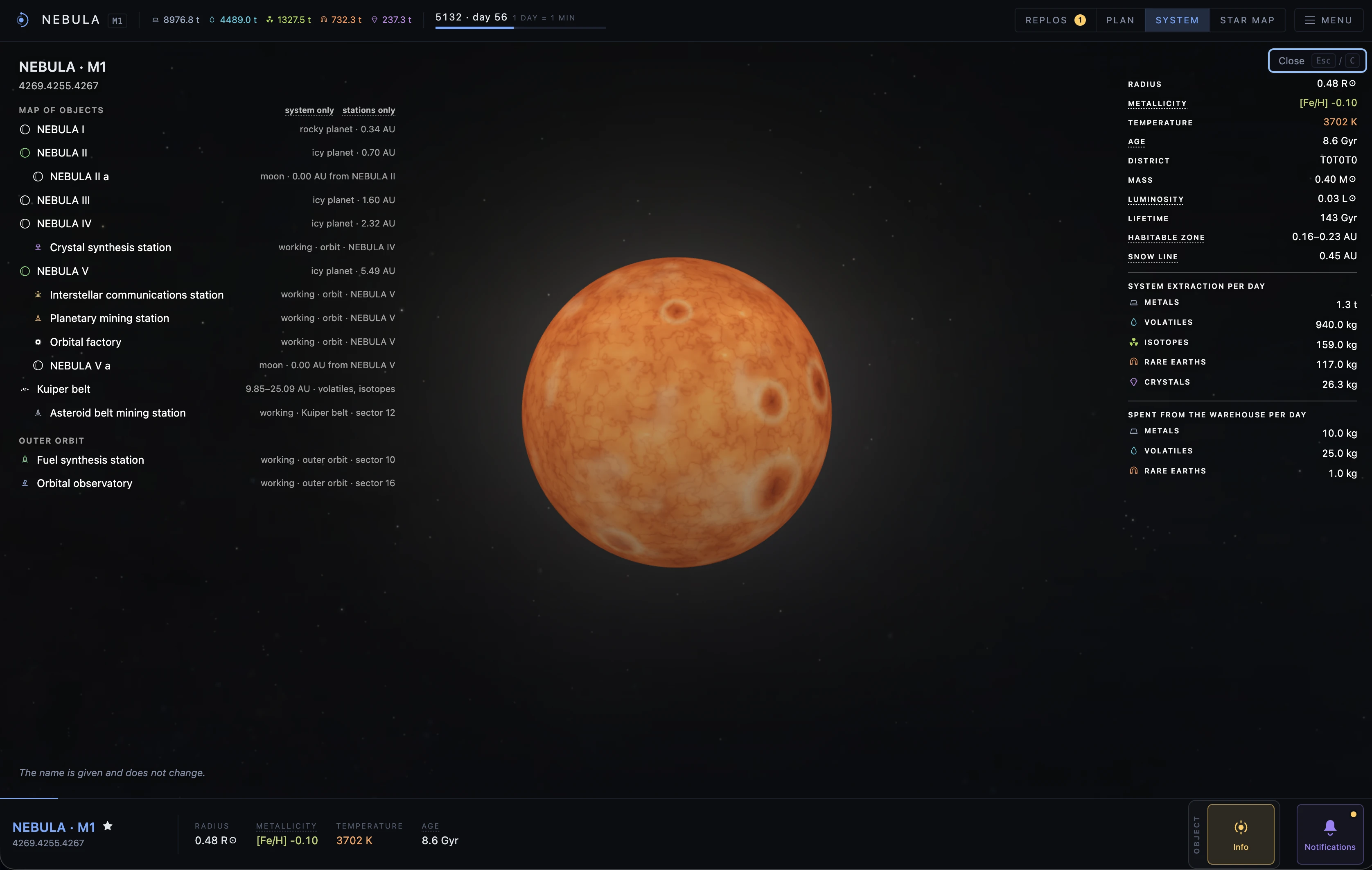 The in-game star card: a class M red dwarf, on the left the map of the system's objects — planets, moons, the Kuiper belt and the stations in their orbits, on the right radius, metallicity, temperature, age, luminosity, habitable zone, snow line and the system's extraction per day.